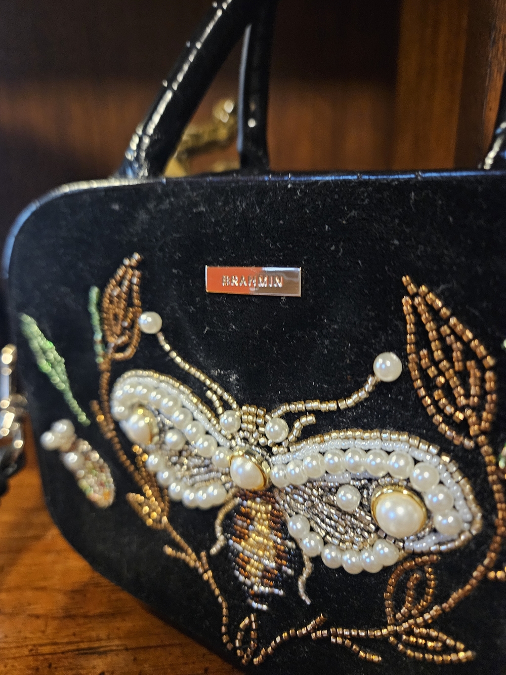 TODAY ONLY $100.  Embellished Black Velvet Satchel with Beaded Bee Motif - Picture 2 of 6